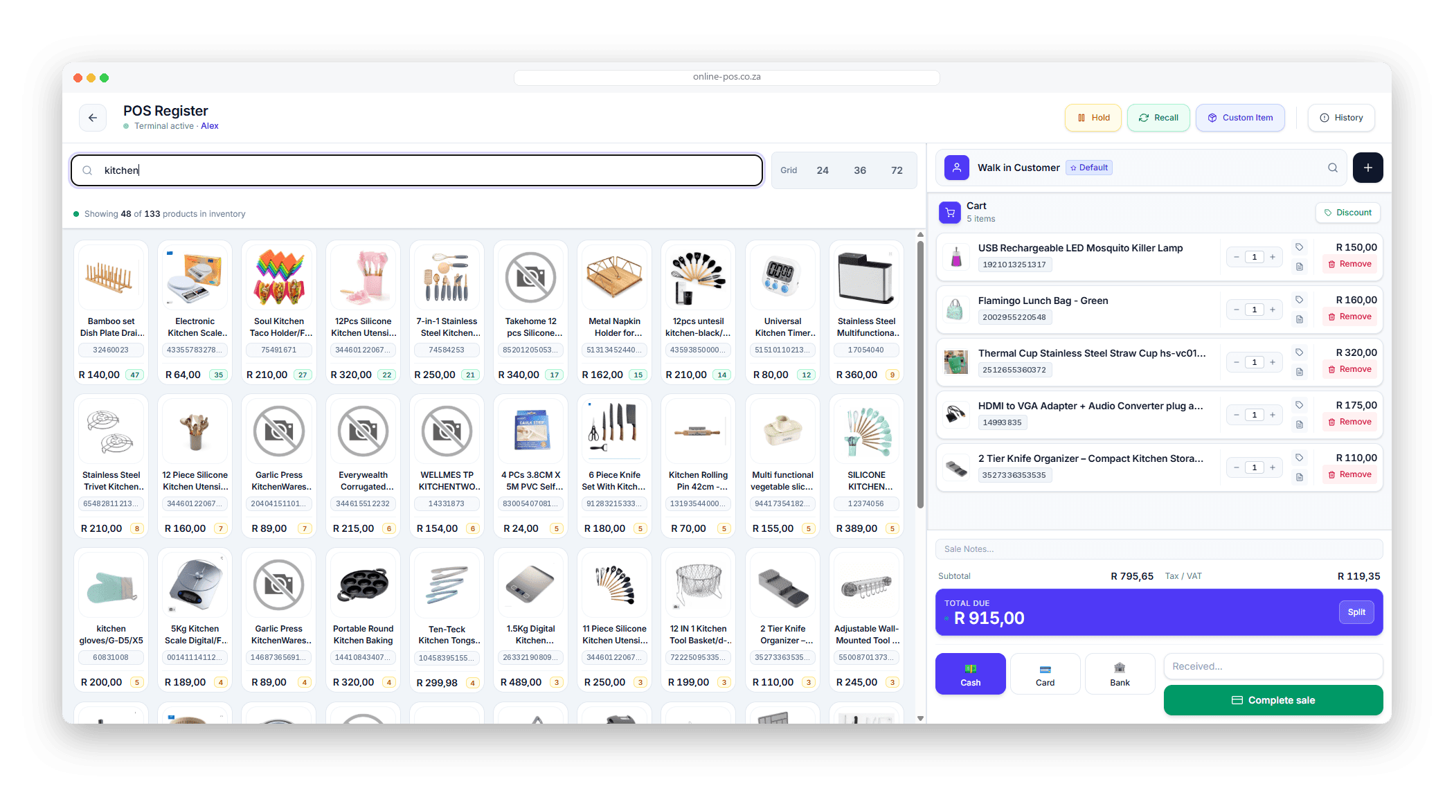 The Online POS register: a product grid with barcodes, prices and live stock counts, a five-item cart with subtotal and VAT, and cash, card, bank and split payment buttons.