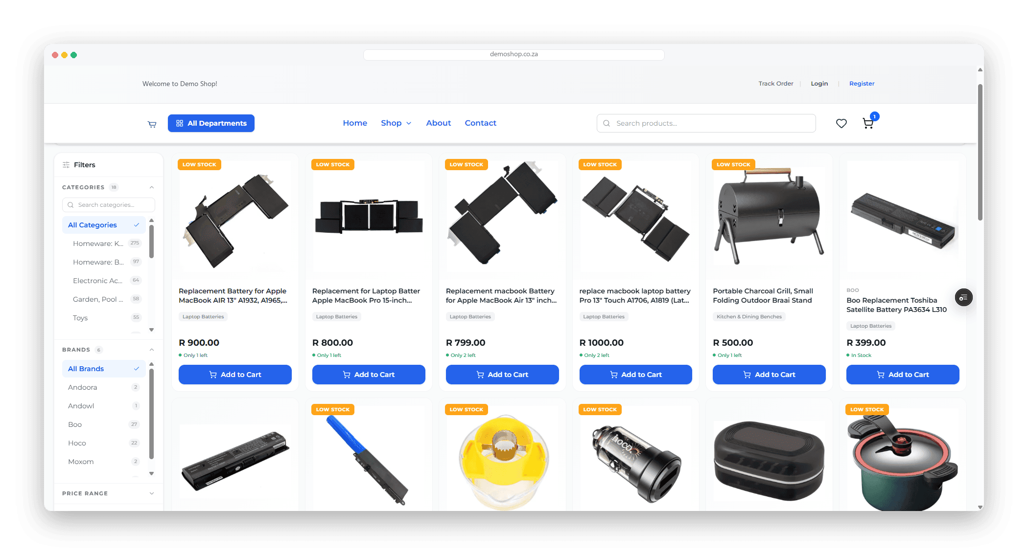 A live storefront built on Online POS, as a shopper sees it: a filter rail with categories, brands and price range beside a product grid with photos, prices, low-stock badges and Add to Cart buttons.
